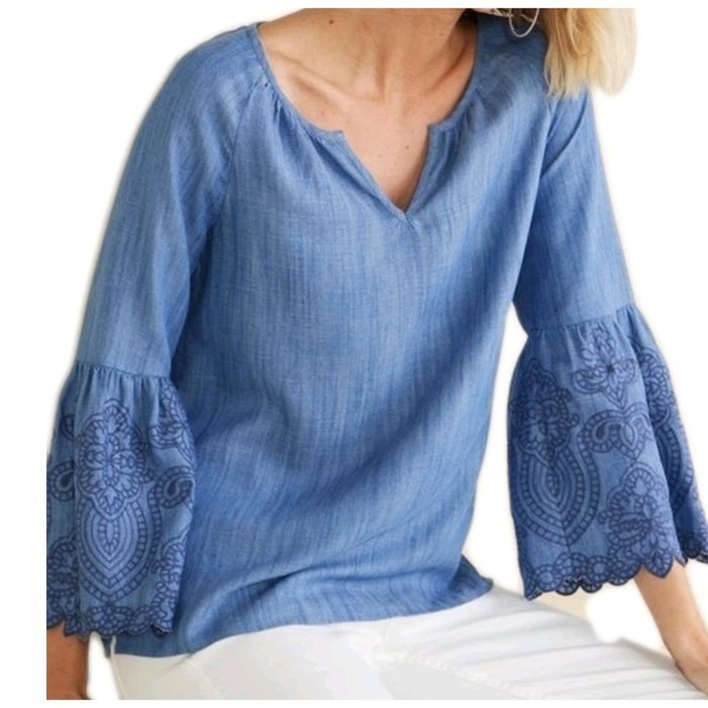 Soft Surroundings Womens Misty Bell Sleeve Top Size 1X Chambray Embroidered Boho